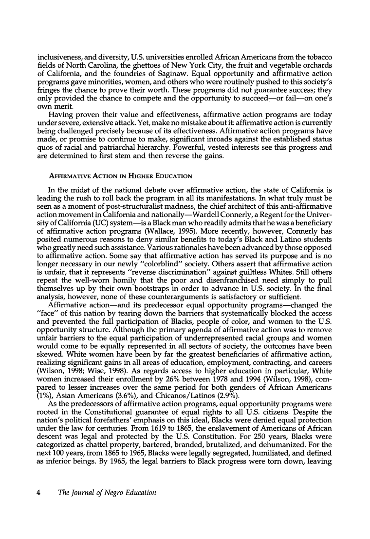 Page 4 of The Journal of Negro Education, Vol. 69, No. 1/2, Knocking at Freedom's Door: Race, Equity, and Affirmative Action in U.S. Higher Education, Winter - Spring, 2000